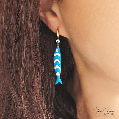Portuguese Sardine Earring Blue White Stripe Sardine Earrings 925 Sterling Gold Drop Earring Sardine Enamel Earring Gift From Portugal