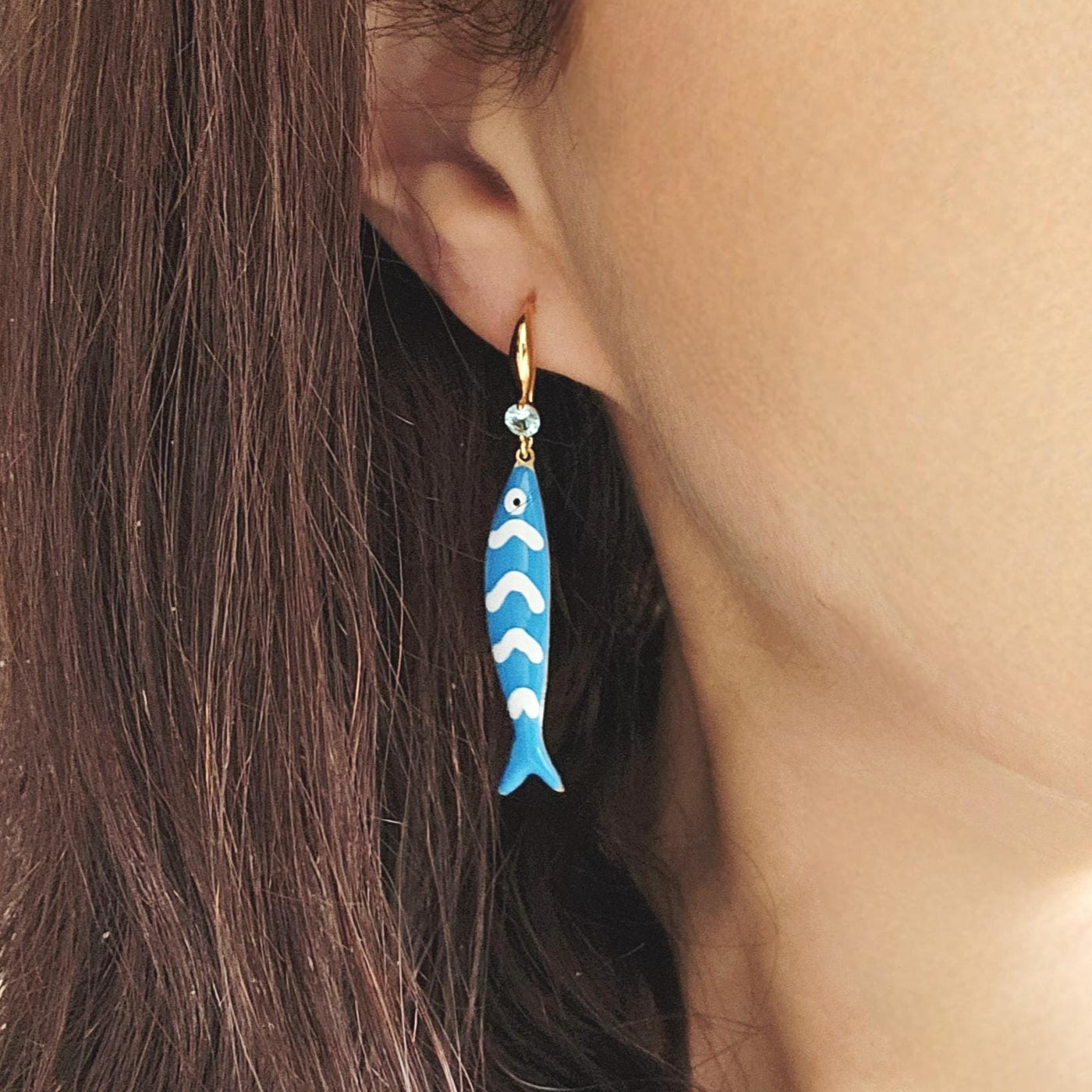 Portuguese Sardine Earring Blue White Stripe Sardine Earrings 925 Sterling Gold Drop Earring Sardine Enamel Earring Gift From Portugal