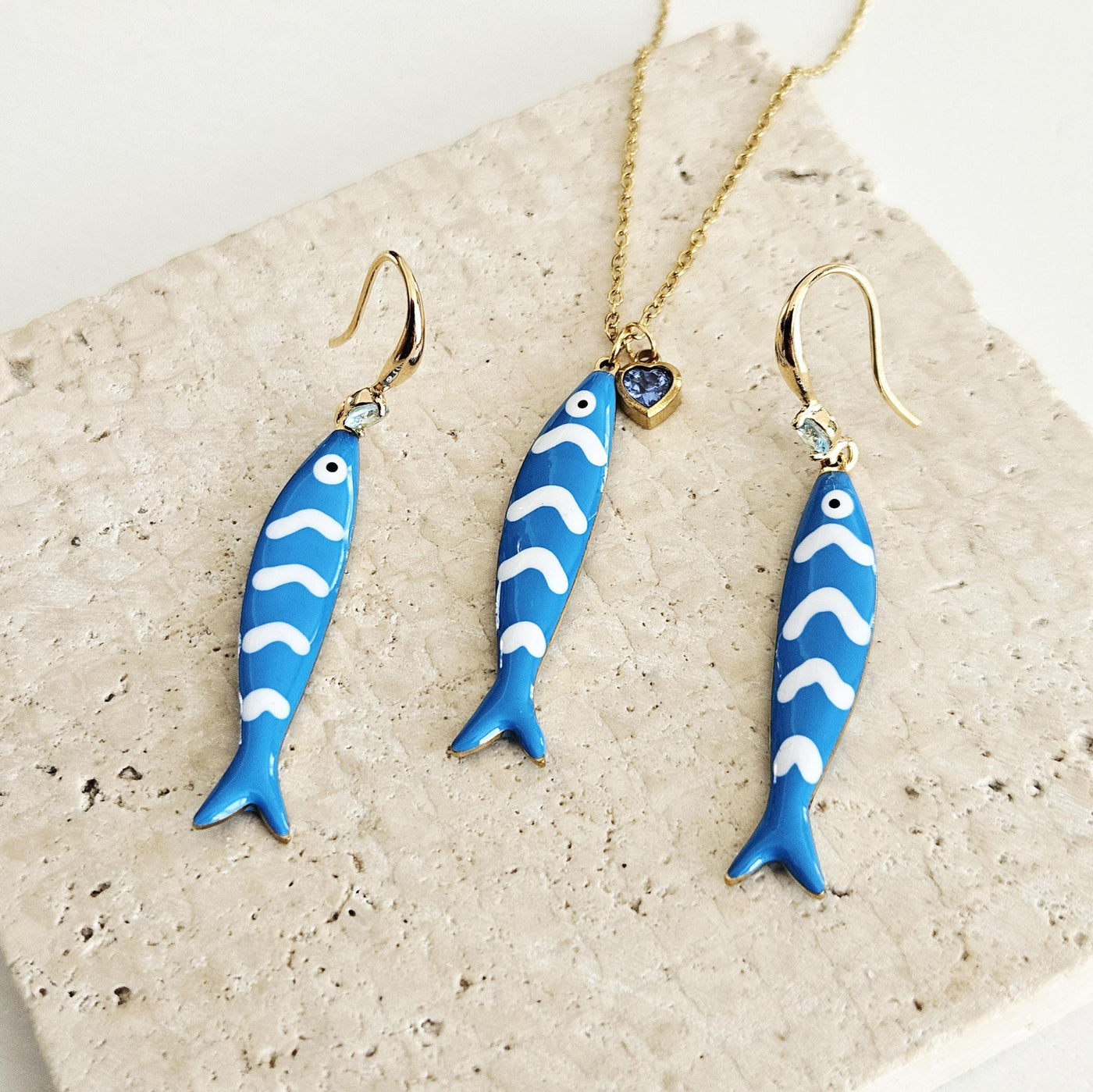 Portuguese Sardine Necklace Fish Blue White Stripe Enamel Pendant Gold Sea Animal Long Fish Sardine Jewelry Gift Portugal Souvenir Gift