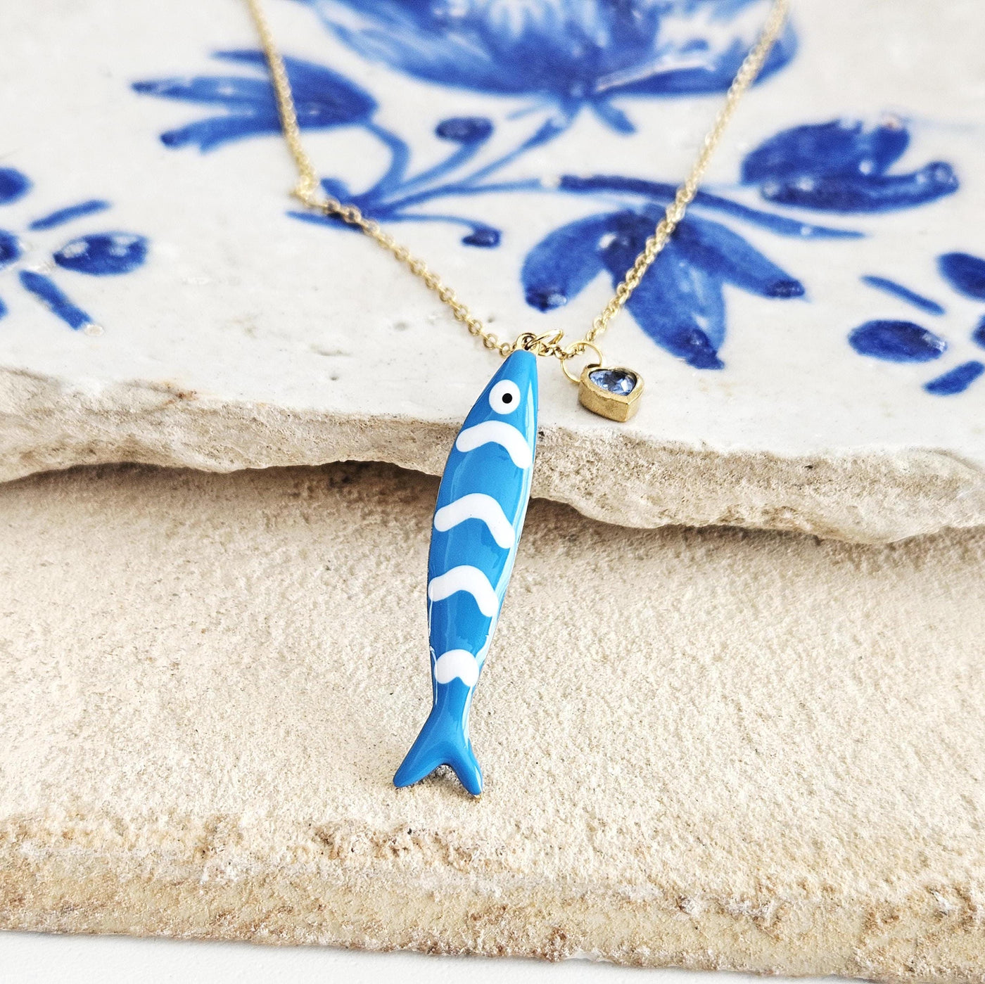Portuguese Sardine Necklace Fish Blue White Stripe Enamel Pendant Gold Sea Animal Long Fish Sardine Jewelry Gift Portugal Souvenir Gift
