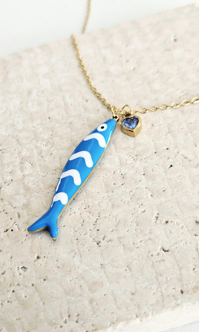 Portuguese Sardine Necklace Fish Blue White Stripe Enamel Pendant Gold Sea Animal Long Fish Sardine Jewelry Gift Portugal Souvenir Gift