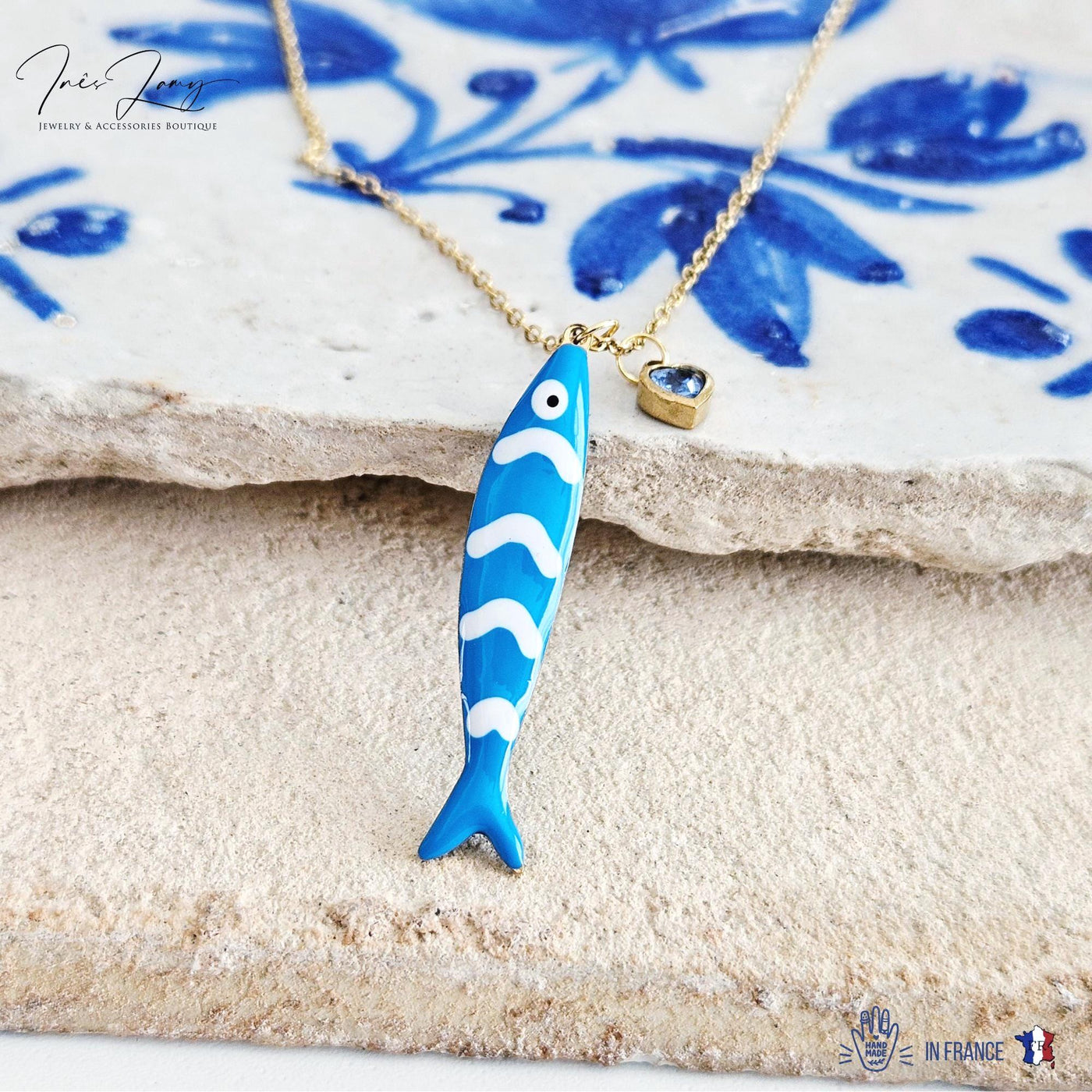 Portuguese Sardine Necklace Fish Blue White Stripe Enamel Pendant Gold Sea Animal Long Fish Sardine Jewelry Gift Portugal Souvenir Gift