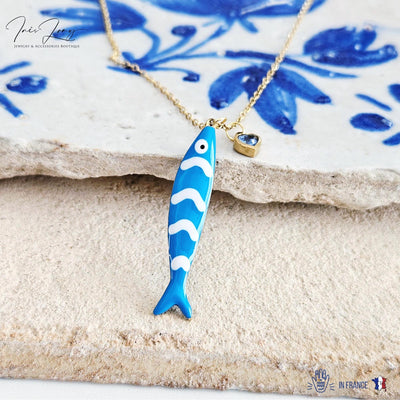 Portuguese Sardine Necklace Fish Blue White Stripe Enamel Pendant Gold Sea Animal Long Fish Sardine Jewelry Gift Portugal Souvenir Gift