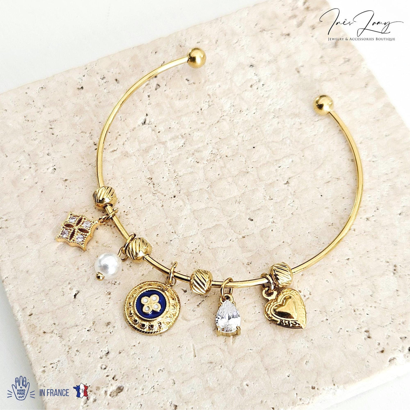Portuguese Caramujo Charm Bangle Portugal Heart GOLD Charm Tile Bracelet Blue White Bangle Crystal Tile Thin Bangle Anniversary Woman Gift