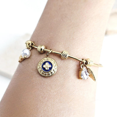 Portuguese Caramujo Charm Bangle Portugal Heart GOLD Charm Tile Bracelet Blue White Bangle Crystal Tile Thin Bangle Anniversary Woman Gift