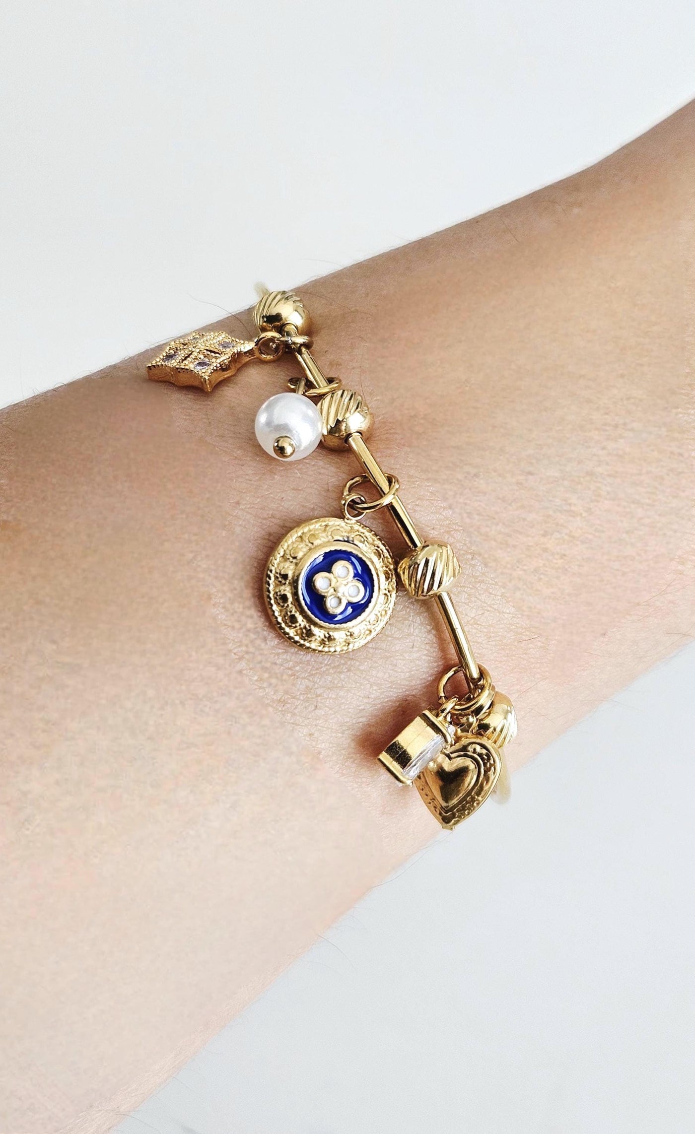Portuguese Caramujo Charm Bangle Portugal Heart GOLD Charm Tile Bracelet Blue White Bangle Crystal Tile Thin Bangle Anniversary Woman Gift