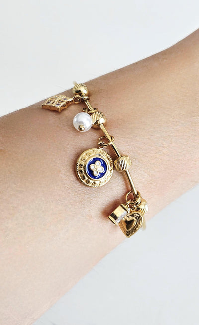Portuguese Caramujo Charm Bangle Portugal Heart GOLD Charm Tile Bracelet Blue White Bangle Crystal Tile Thin Bangle Anniversary Woman Gift