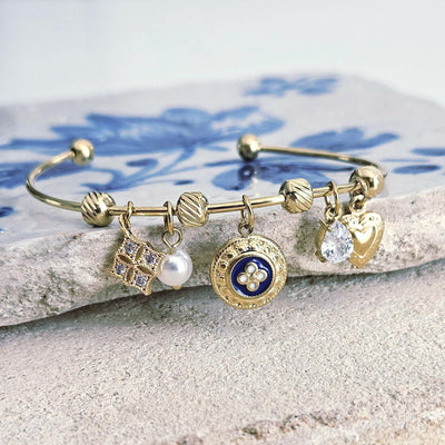 Portuguese Caramujo Charm Bangle Portugal Heart GOLD Charm Tile Bracelet Blue White Bangle Crystal Tile Thin Bangle Anniversary Woman Gift
