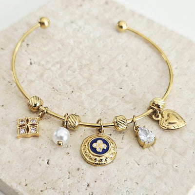 Portuguese Caramujo Charm Bangle Portugal Heart GOLD Charm Tile Bracelet Blue White Bangle Crystal Tile Thin Bangle Anniversary Woman Gift