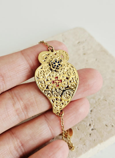 Portuguese Heart GOLD STEEL Bracelet Curved Heart of Viana Filigree Bracelet Mom Handmade Birthday Gift Dainty Adjustable Chain Bracelet