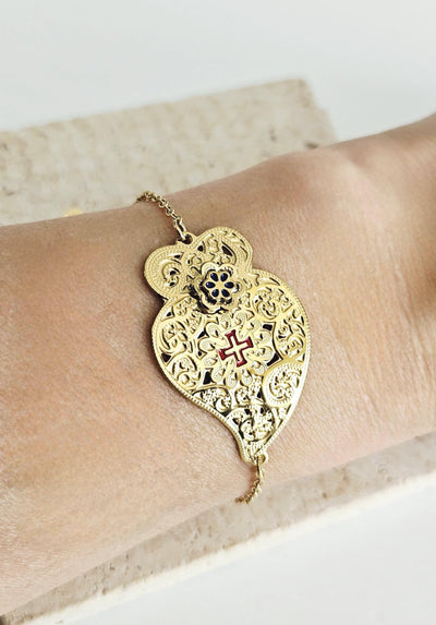 Portuguese Heart GOLD STEEL Bracelet Curved Heart of Viana Filigree Bracelet Mom Handmade Birthday Gift Dainty Adjustable Chain Bracelet