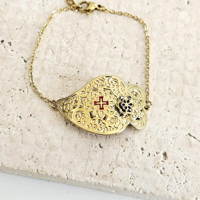 Portuguese Heart GOLD STEEL Bracelet Curved Heart of Viana Filigree Bracelet Mom Handmade Birthday Gift Dainty Adjustable Chain Bracelet