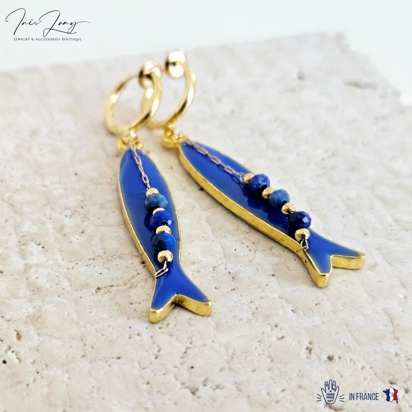 Portuguese Sardine Earring Natural Stone Blue GOLD Sardine Earring Gold Drop Long Earring Sardine Enamel Earring Gift From Portugal for Her