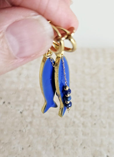 Portuguese Sardine Earring Natural Stone Blue GOLD Sardine Earring Gold Drop Long Earring Sardine Enamel Earring Gift From Portugal for Her