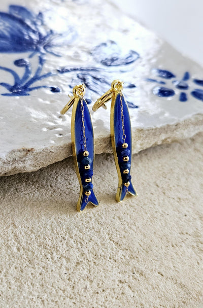 Portuguese Sardine Earring Natural Stone Blue GOLD Sardine Earring Gold Drop Long Earring Sardine Enamel Earring Gift From Portugal for Her