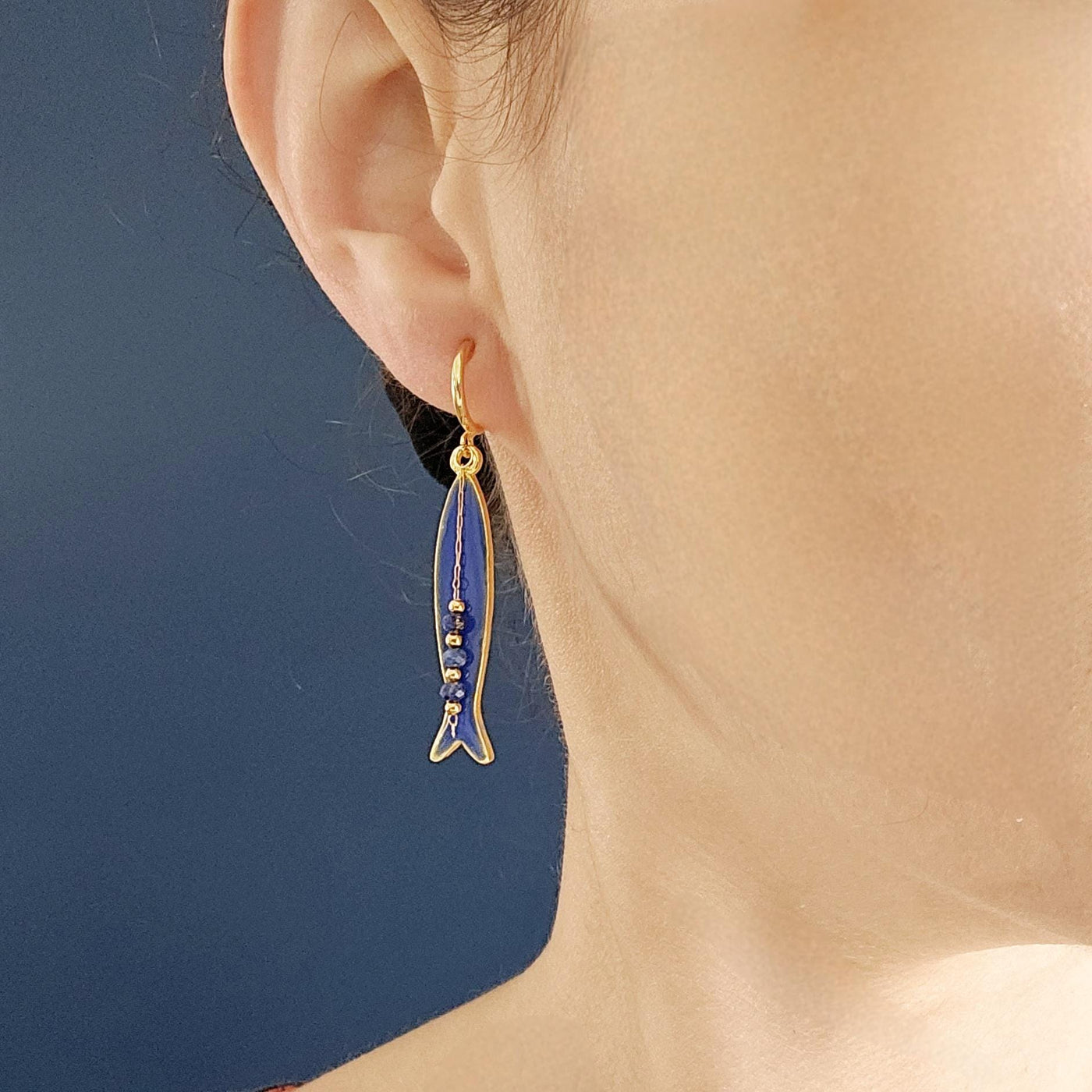 Portuguese Sardine Earring Natural Stone Blue GOLD Sardine Earring Gold Drop Long Earring Sardine Enamel Earring Gift From Portugal for Her