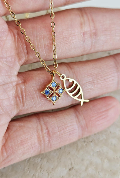 Portuguese Sardine Necklace GOLD STEEL Fish Blue CZ Zircon Crystal Charm Pendant Gold Sea Animal Fish Sardine Jewelry Gift from Portugal