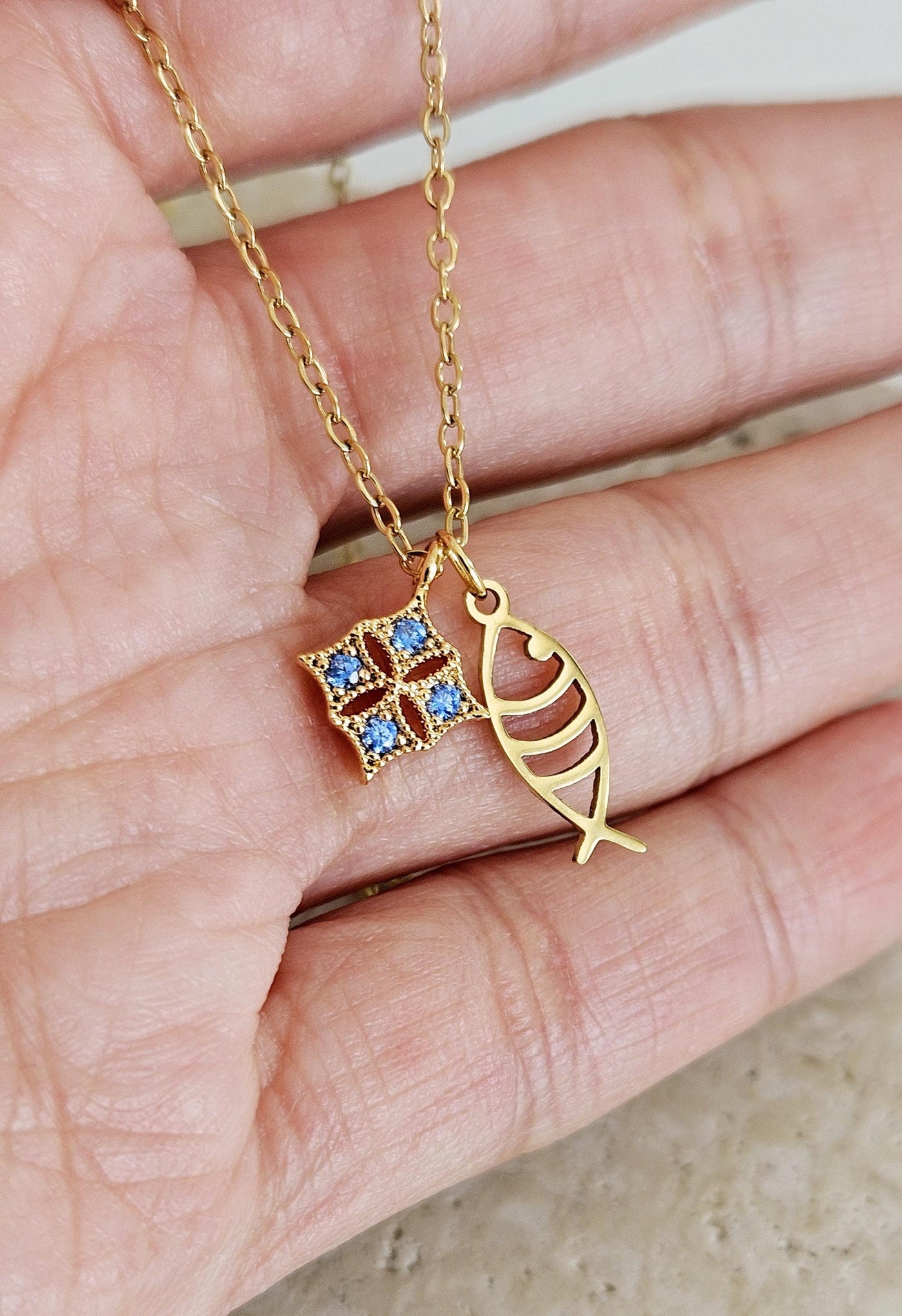 Portuguese Sardine Necklace GOLD STEEL Fish Blue CZ Zircon Crystal Charm Pendant Gold Sea Animal Fish Sardine Jewelry Gift from Portugal