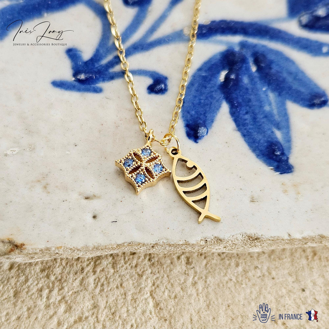 Portuguese Sardine Necklace GOLD STEEL Fish Blue CZ Zircon Crystal Charm Pendant Gold Sea Animal Fish Sardine Jewelry Gift from Portugal