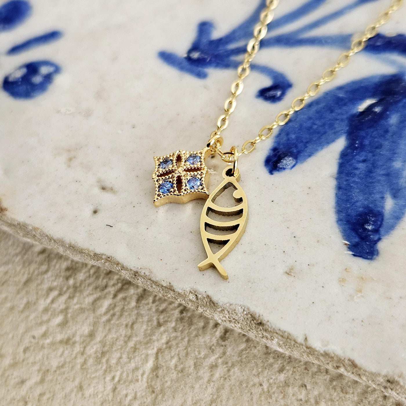 Portuguese Sardine Necklace GOLD STEEL Fish Blue CZ Zircon Crystal Charm Pendant Gold Sea Animal Fish Sardine Jewelry Gift from Portugal