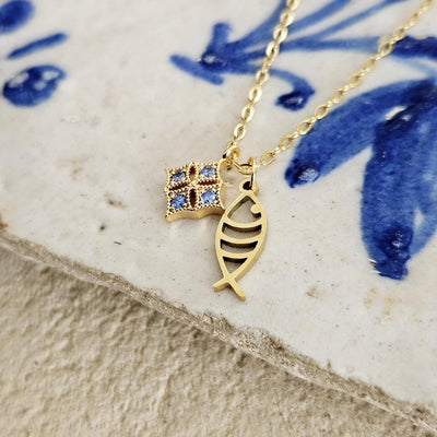 Portuguese Sardine Necklace GOLD STEEL Fish Blue CZ Zircon Crystal Charm Pendant Gold Sea Animal Fish Sardine Jewelry Gift from Portugal
