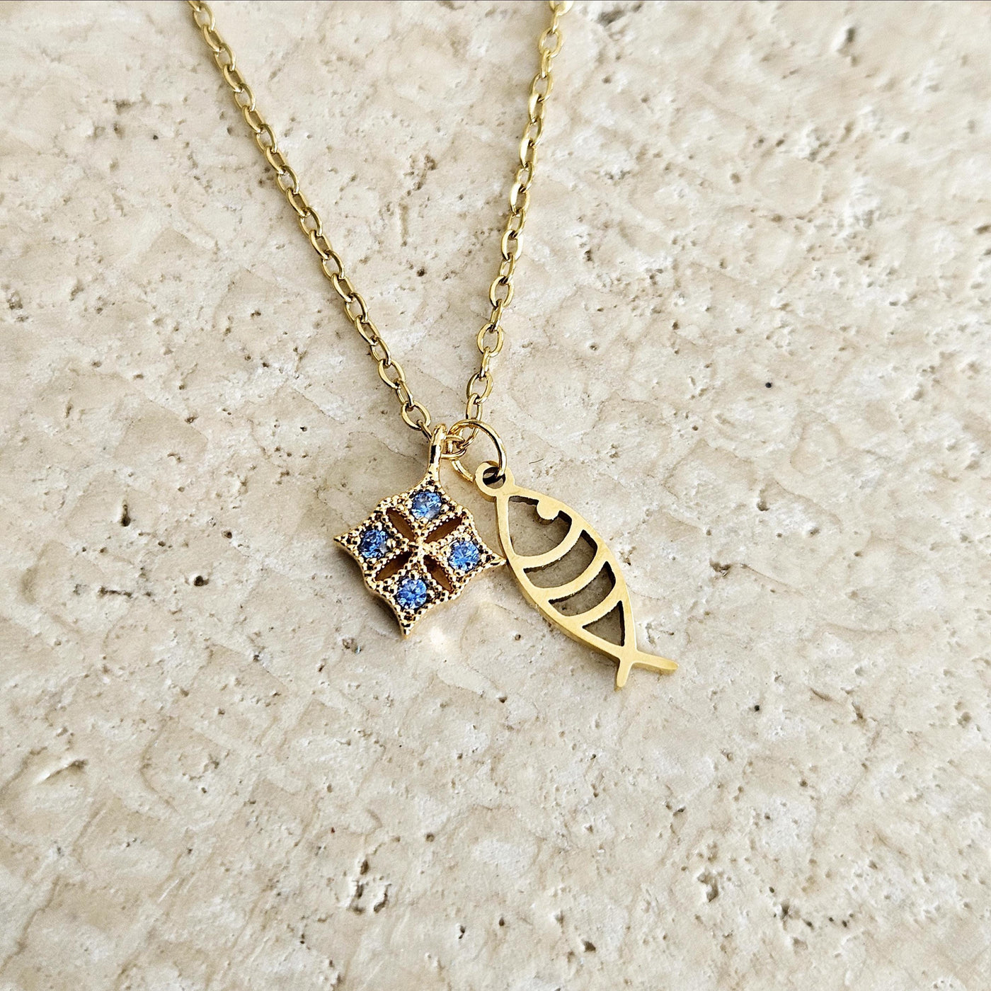 Portuguese Sardine Necklace GOLD STEEL Fish Blue CZ Zircon Crystal Charm Pendant Gold Sea Animal Fish Sardine Jewelry Gift from Portugal
