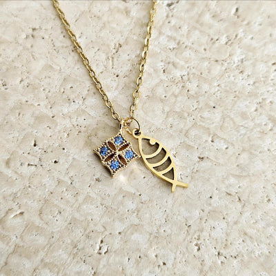 Portuguese Sardine Necklace GOLD STEEL Fish Blue CZ Zircon Crystal Charm Pendant Gold Sea Animal Fish Sardine Jewelry Gift from Portugal