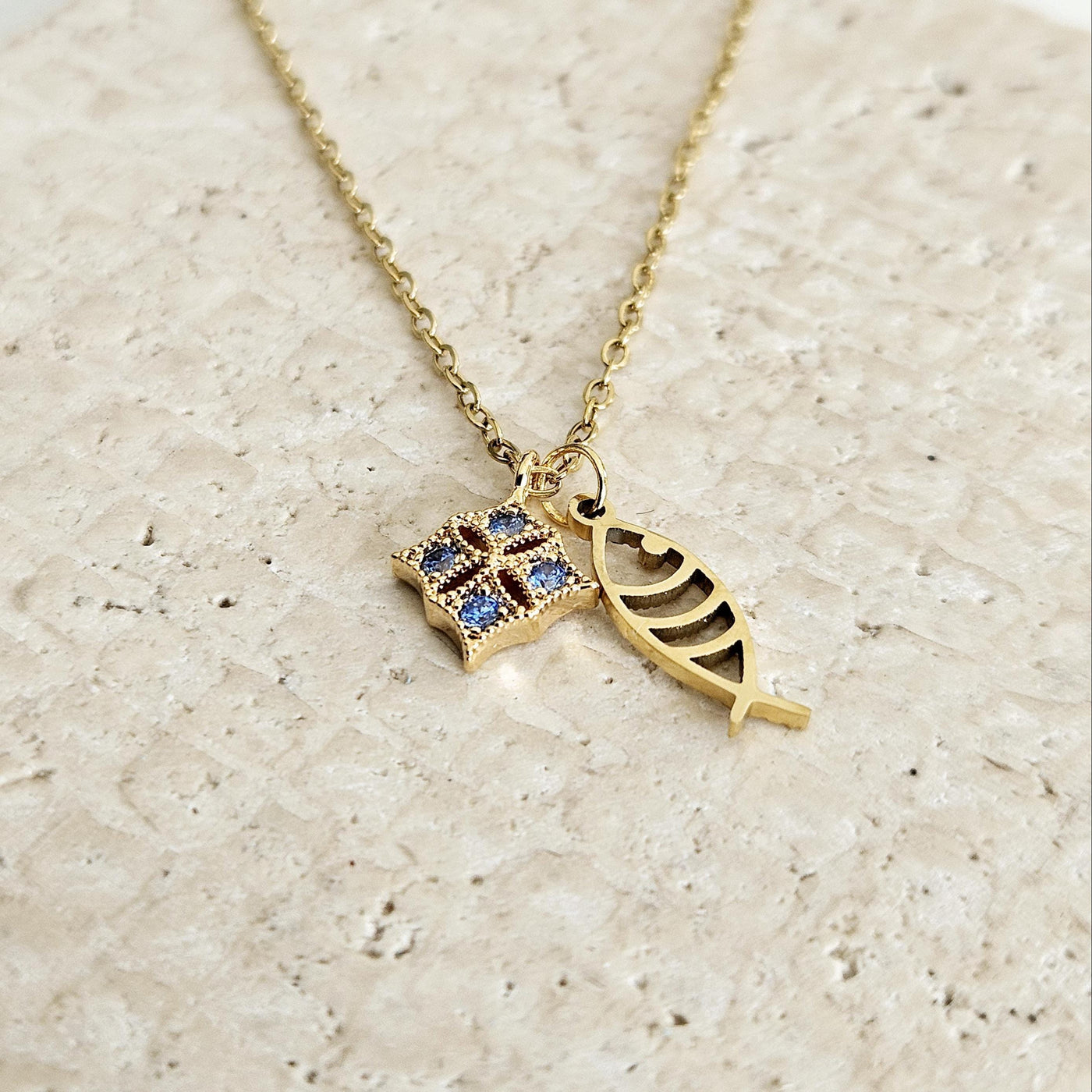Portuguese Sardine Necklace GOLD STEEL Fish Blue CZ Zircon Crystal Charm Pendant Gold Sea Animal Fish Sardine Jewelry Gift from Portugal
