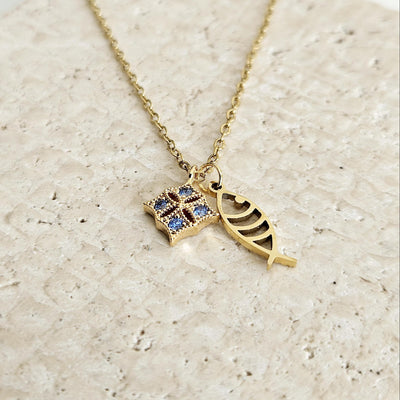 Portuguese Sardine Necklace GOLD STEEL Fish Blue CZ Zircon Crystal Charm Pendant Gold Sea Animal Fish Sardine Jewelry Gift from Portugal