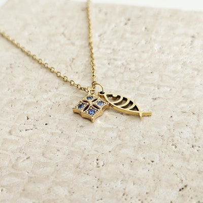 Portuguese Sardine Necklace GOLD STEEL Fish Blue CZ Zircon Crystal Charm Pendant Gold Sea Animal Fish Sardine Jewelry Gift from Portugal