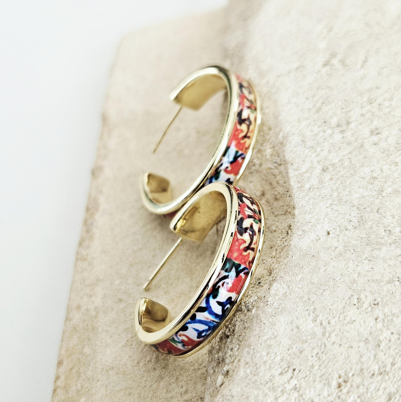 GOLD Colorful Tile Earring Portugal STEEL Orange Red Azulejo Delicate Flat Large Hoop Historical Gift Travel Jewelry Women Gift 2.8cm|1.10''