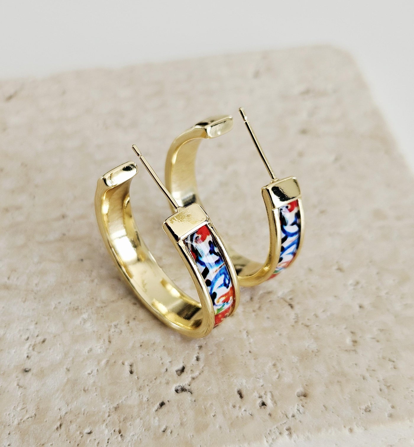 GOLD Colorful Tile Earring Portugal STEEL Orange Red Azulejo Delicate Flat Large Hoop Historical Gift Travel Jewelry Women Gift 2.8cm|1.10''