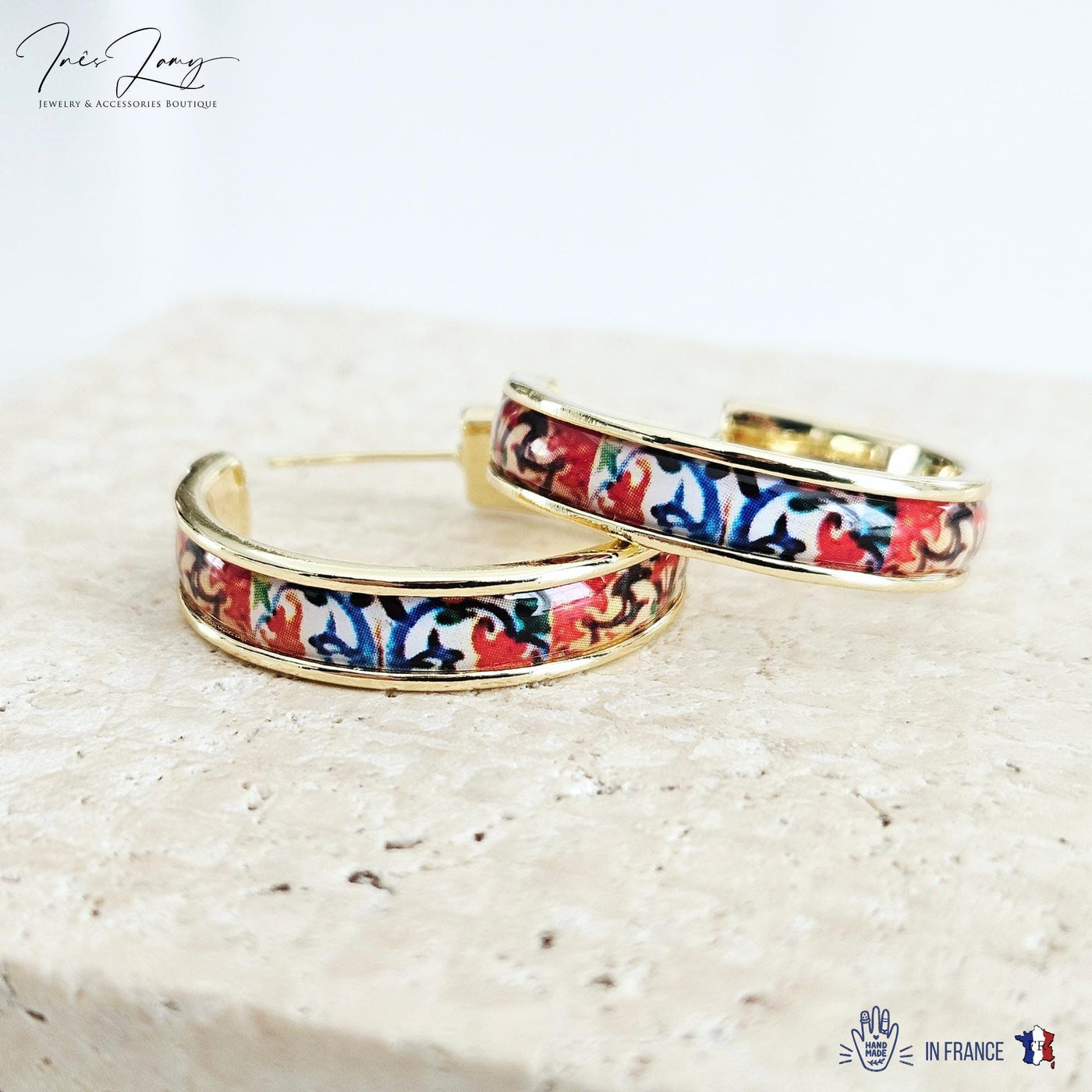 GOLD Colorful Tile Earring Portugal STEEL Orange Red Azulejo Delicate Flat Large Hoop Historical Gift Travel Jewelry Women Gift 2.8cm|1.10''