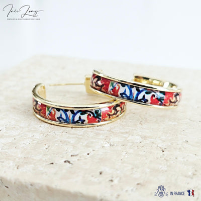 GOLD Colorful Tile Earring Portugal STEEL Orange Red Azulejo Delicate Flat Large Hoop Historical Gift Travel Jewelry Women Gift 2.8cm|1.10''