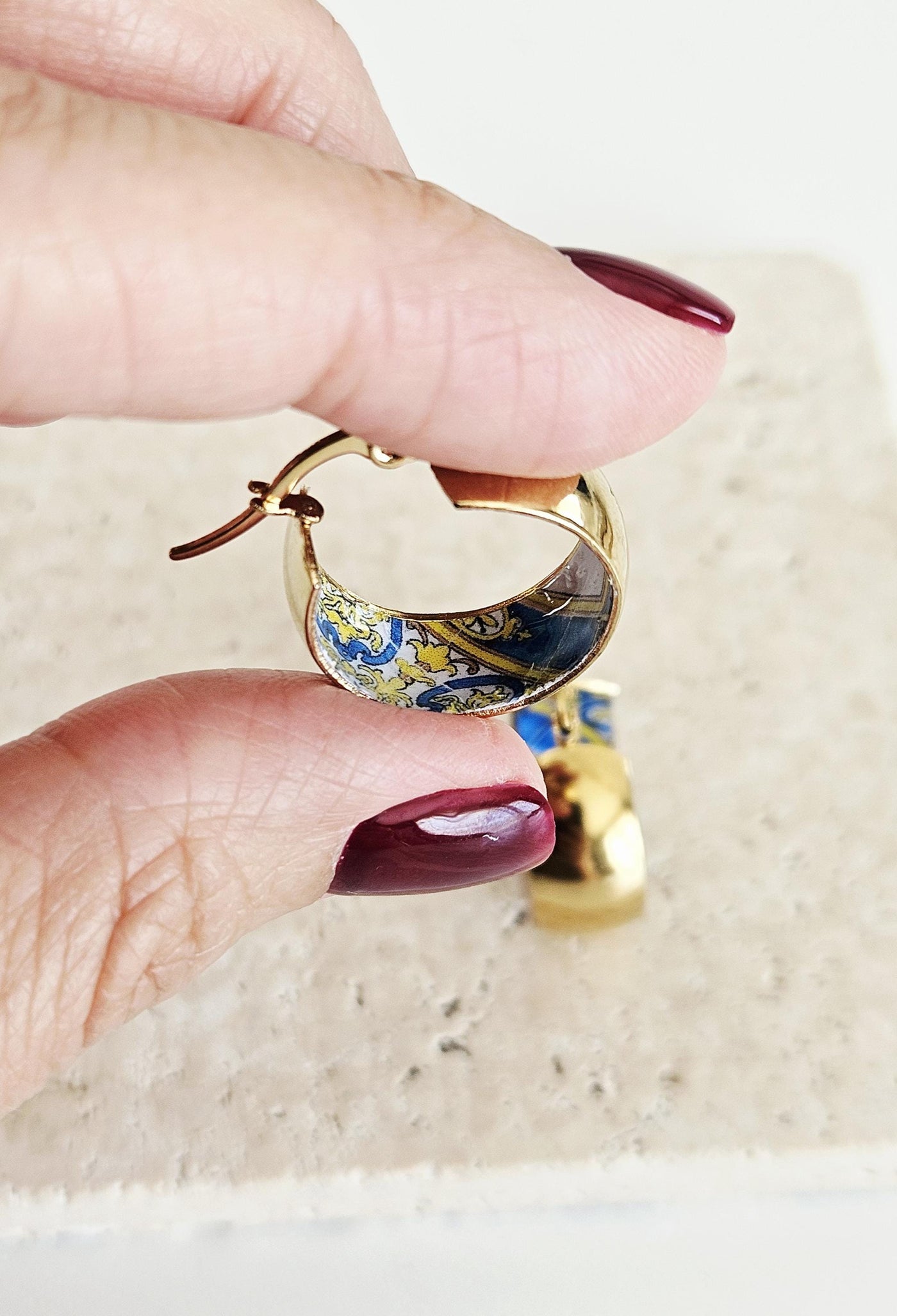 GOLD Large Hoop BLUE Tile STEEL Earring Azulejo Inlay Portuguese Typical Tile Hoops Anniversary Women Handmade Blue Yellow Jewelry Gift