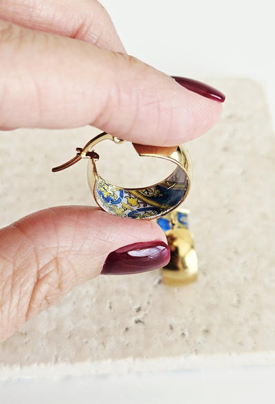 GOLD Large Hoop BLUE Tile STEEL Earring Azulejo Inlay Portuguese Typical Tile Hoops Anniversary Women Handmade Blue Yellow Jewelry Gift