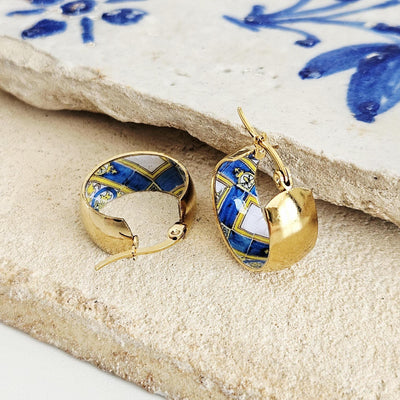 GOLD Large Hoop BLUE Tile STEEL Earring Azulejo Inlay Portuguese Typical Tile Hoops Anniversary Women Handmade Blue Yellow Jewelry Gift