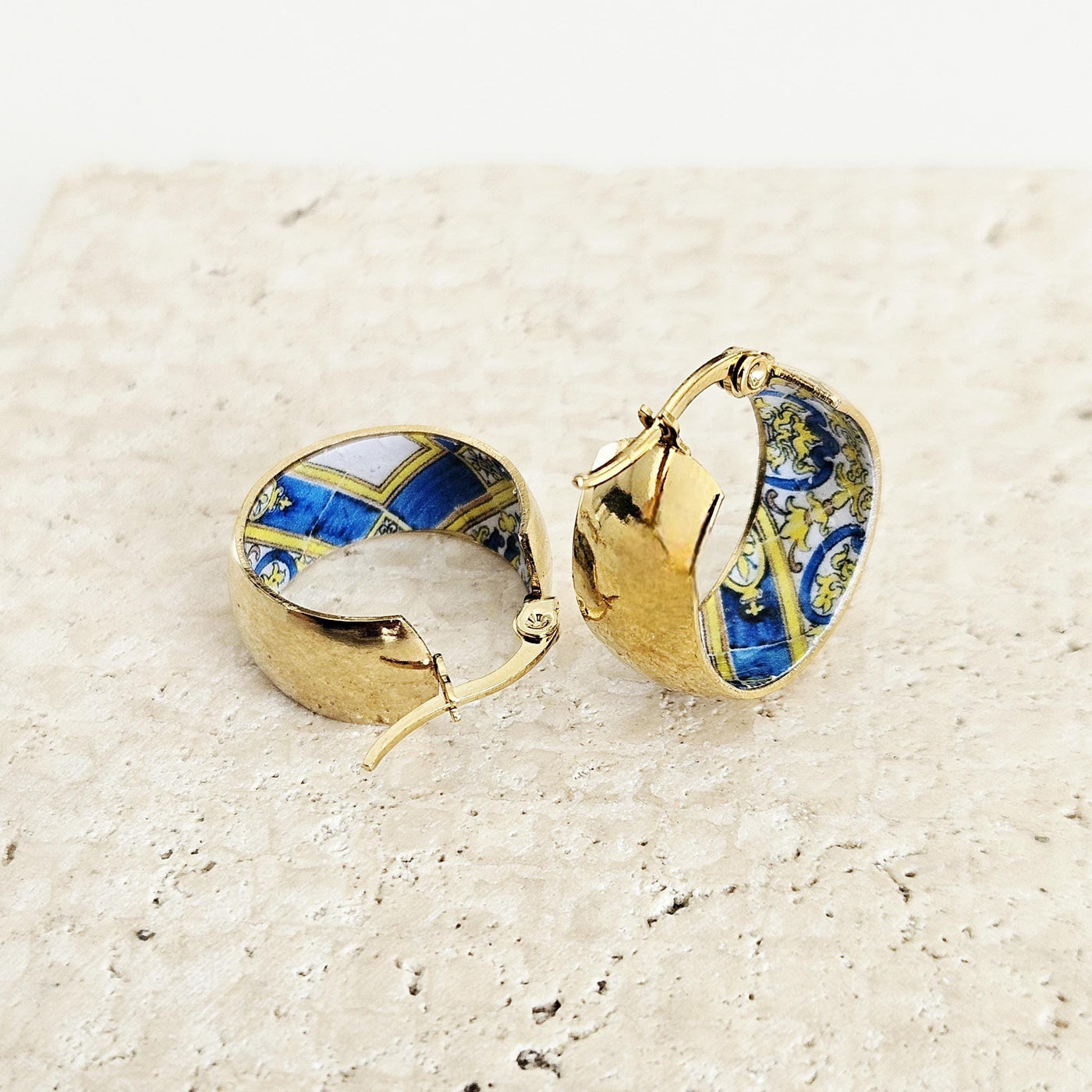 GOLD Large Hoop BLUE Tile STEEL Earring Azulejo Inlay Portuguese Typical Tile Hoops Anniversary Women Handmade Blue Yellow Jewelry Gift