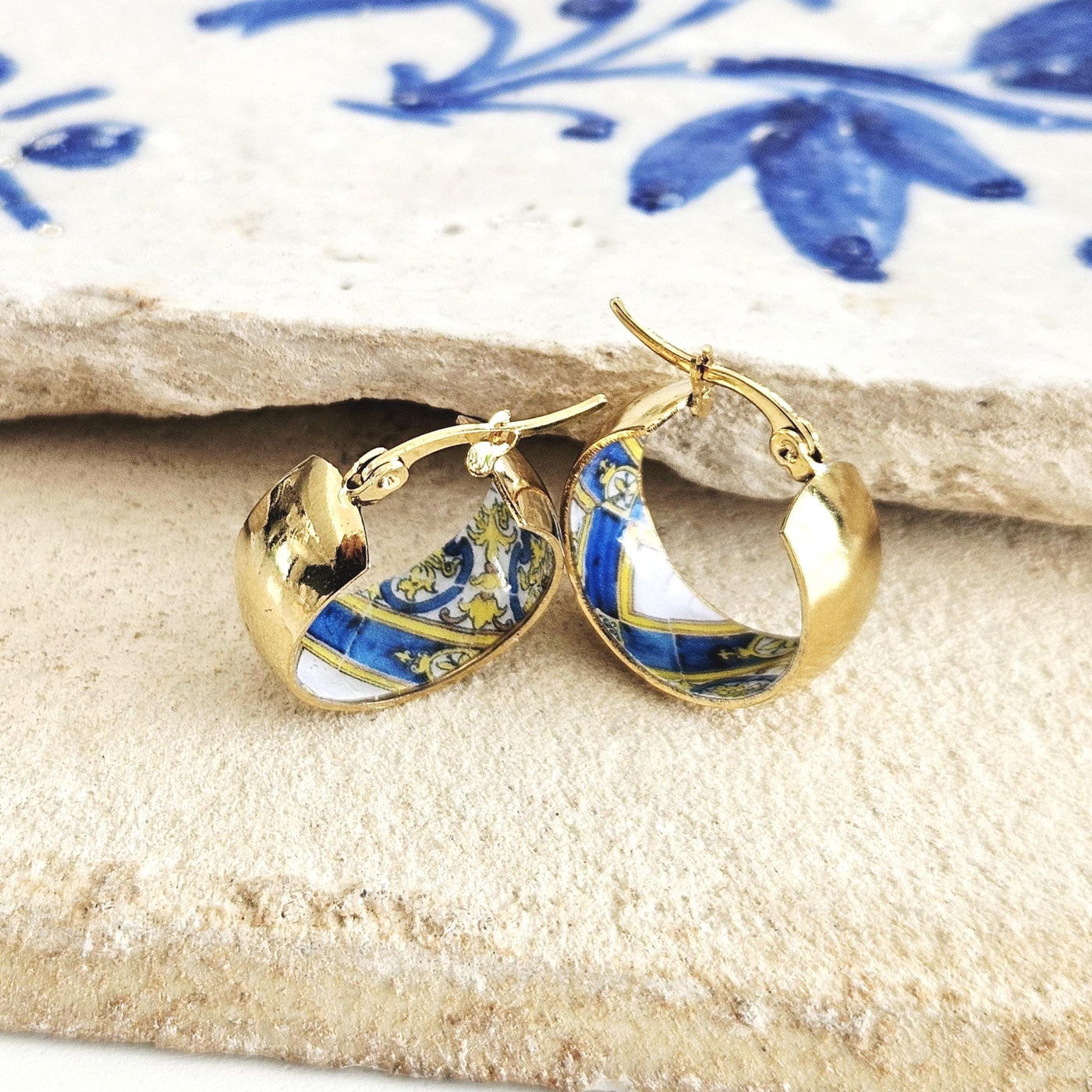 GOLD Large Hoop BLUE Tile STEEL Earring Azulejo Inlay Portuguese Typical Tile Hoops Anniversary Women Handmade Blue Yellow Jewelry Gift