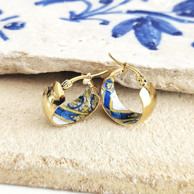 GOLD Large Hoop BLUE Tile STEEL Earring Azulejo Inlay Portuguese Typical Tile Hoops Anniversary Women Handmade Blue Yellow Jewelry Gift