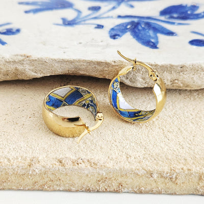 GOLD Large Hoop BLUE Tile STEEL Earring Azulejo Inlay Portuguese Typical Tile Hoops Anniversary Women Handmade Blue Yellow Jewelry Gift