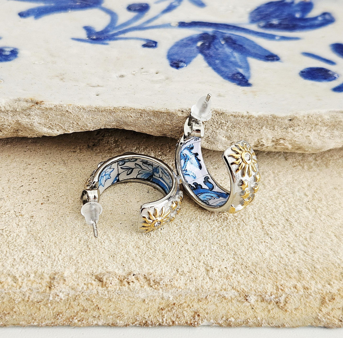 SILVER Large Hoop BLUE Tile STEEL Earring Azulejo Inlay Portuguese Blue Tile Hoop Sun Moon Stars Gold Etched Hoop Women Gift 2cm|0.78''