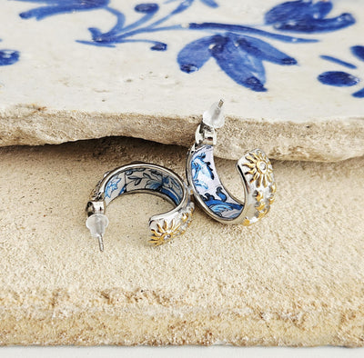 SILVER Large Hoop BLUE Tile STEEL Earring Azulejo Inlay Portuguese Blue Tile Hoop Sun Moon Stars Gold Etched Hoop Women Gift 2cm|0.78''