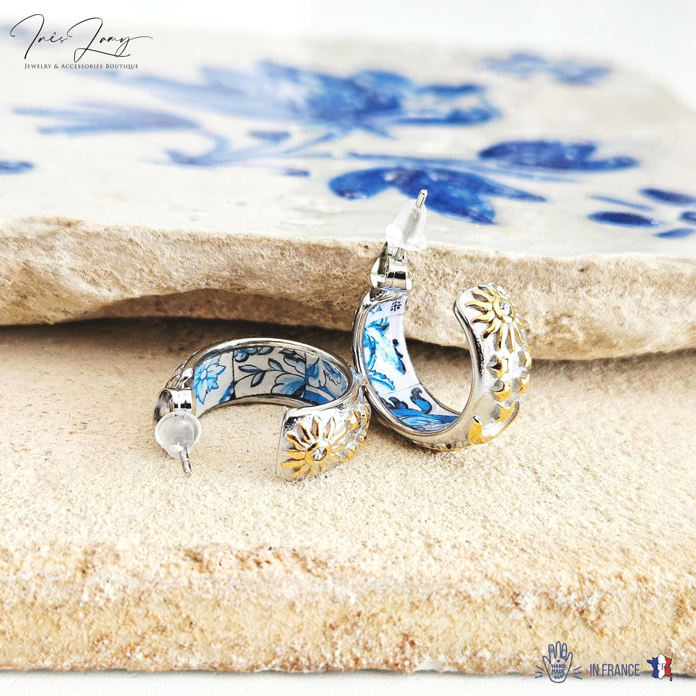 SILVER Large Hoop BLUE Tile STEEL Earring Azulejo Inlay Portuguese Blue Tile Hoop Sun Moon Stars Gold Etched Hoop Women Gift 2cm|0.78''