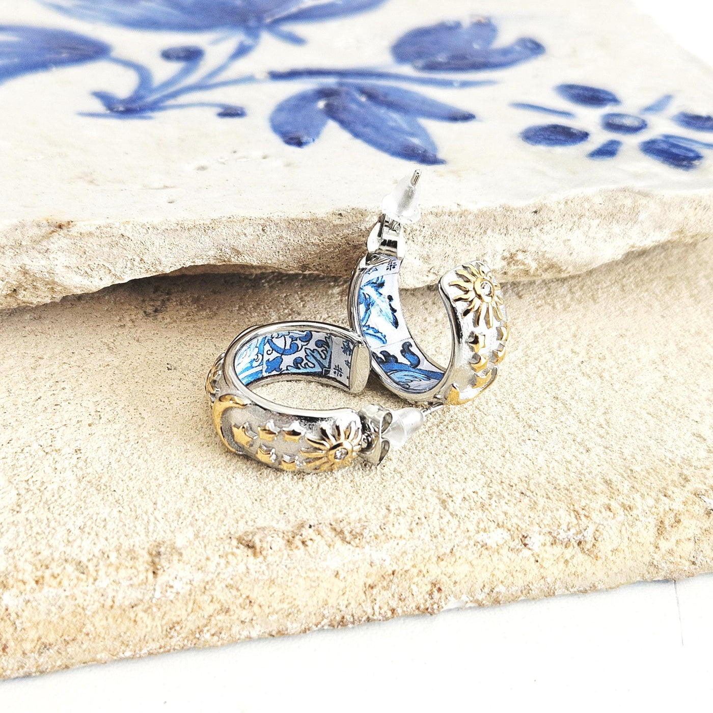 SILVER Large Hoop BLUE Tile STEEL Earring Azulejo Inlay Portuguese Blue Tile Hoop Sun Moon Stars Gold Etched Hoop Women Gift 2cm|0.78''