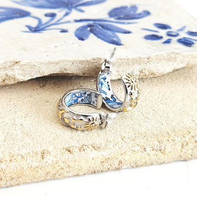 SILVER Large Hoop BLUE Tile STEEL Earring Azulejo Inlay Portuguese Blue Tile Hoop Sun Moon Stars Gold Etched Hoop Women Gift 2cm|0.78''