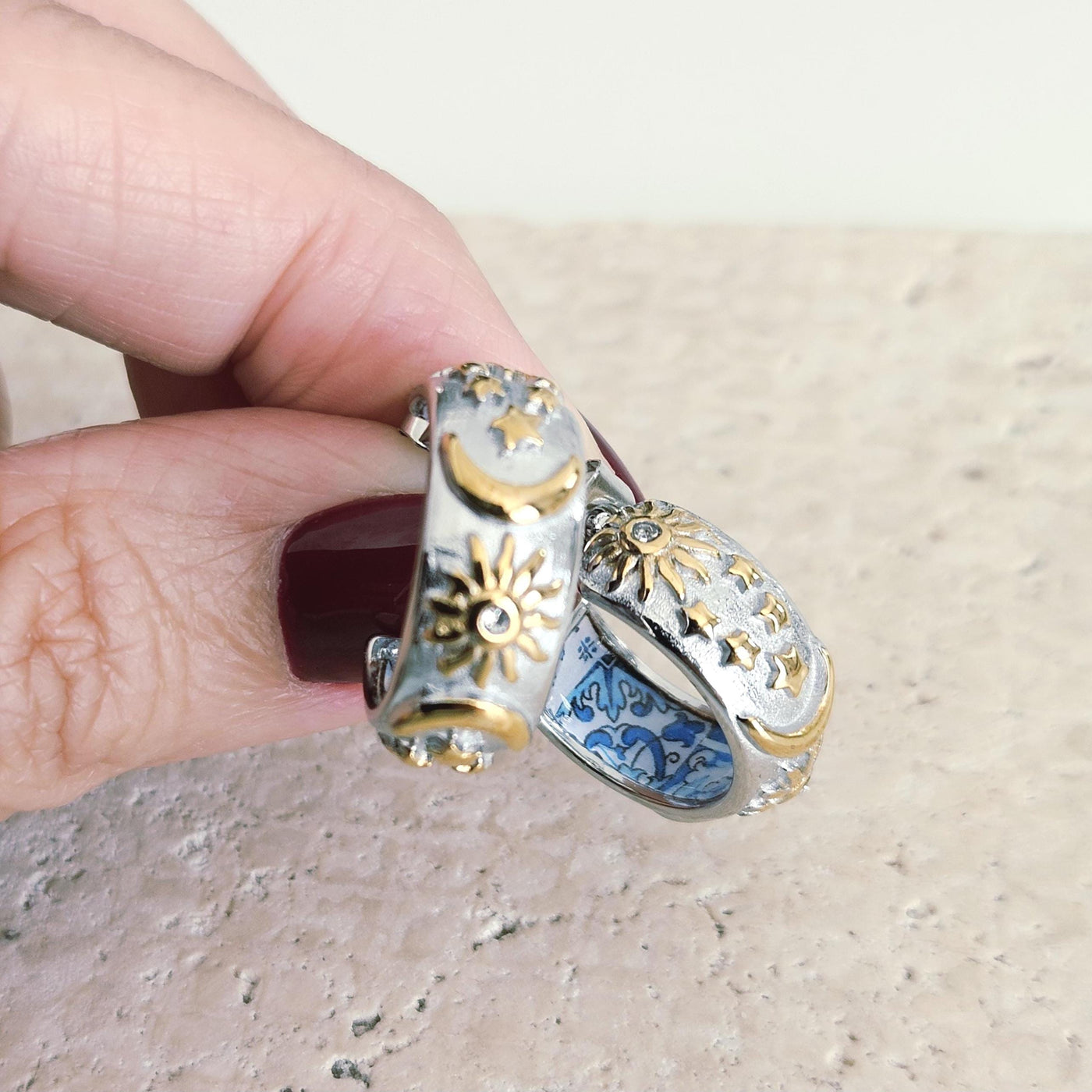 SILVER Large Hoop BLUE Tile STEEL Earring Azulejo Inlay Portuguese Blue Tile Hoop Sun Moon Stars Gold Etched Hoop Women Gift 2cm|0.78''