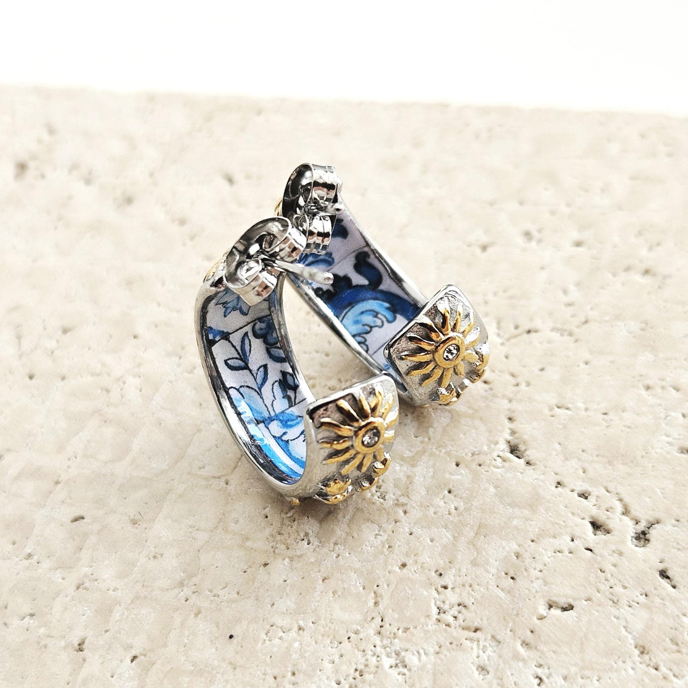 SILVER Large Hoop BLUE Tile STEEL Earring Azulejo Inlay Portuguese Blue Tile Hoop Sun Moon Stars Gold Etched Hoop Women Gift 2cm|0.78''