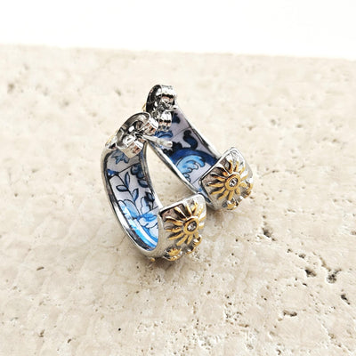 SILVER Large Hoop BLUE Tile STEEL Earring Azulejo Inlay Portuguese Blue Tile Hoop Sun Moon Stars Gold Etched Hoop Women Gift 2cm|0.78''