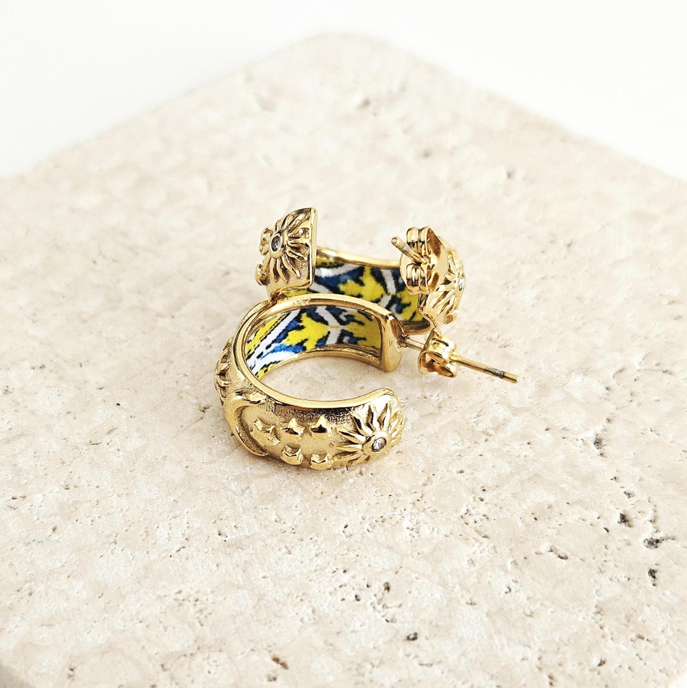 GOLD Large Hoop BLUE Yellow Tile STEEL Earring Azulejo Inlay Portuguese Blue Tile Hoop Sun Moon Stars Gold Etched Hoop Women Gift 2cm|0.78''